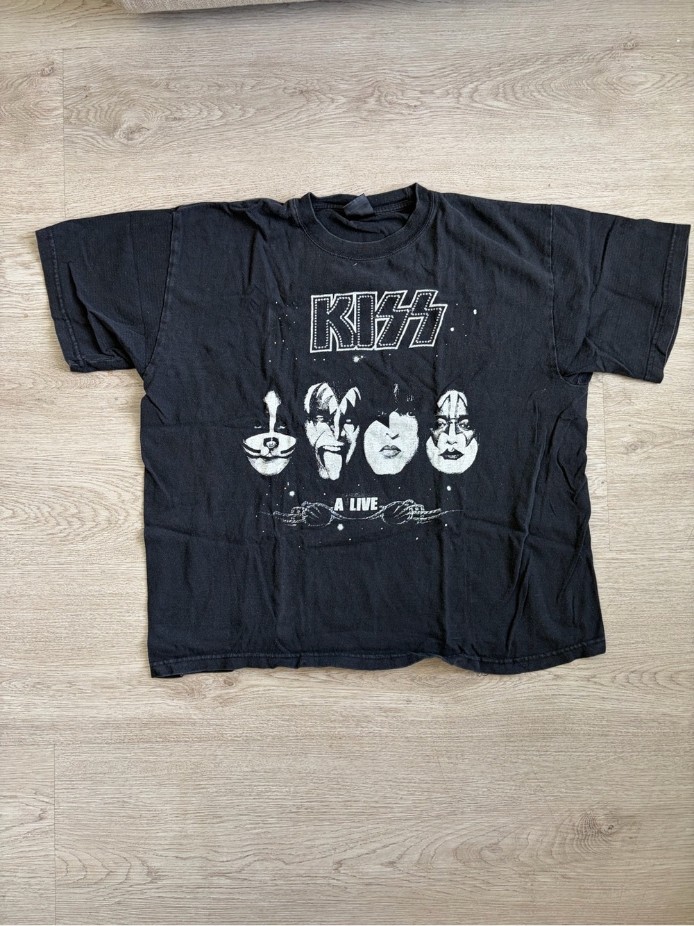 Kiss ALive Boxy Black Short Sleeve Tee with Iconic Band Faces